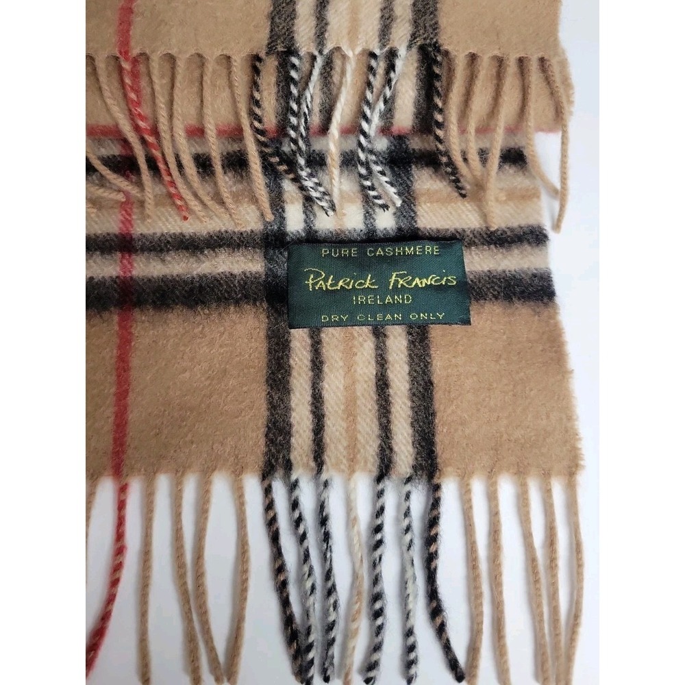 Patrick Francis Ireland 100% Pure Cashmere Scarf Tan Tartan Plaid Fringed EUC